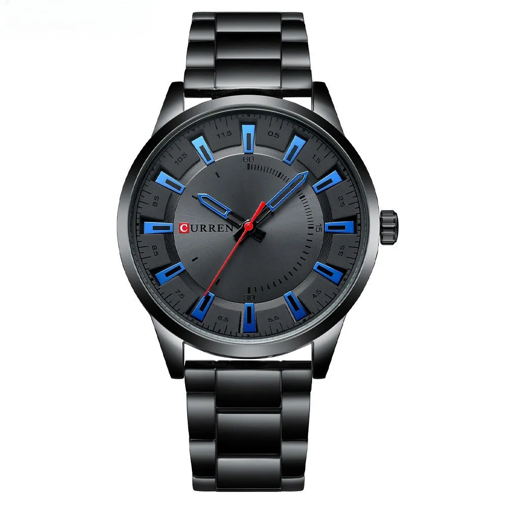 Men's silver business quartz watch with stainless steel strap and white dial with blue hour markers on a light background