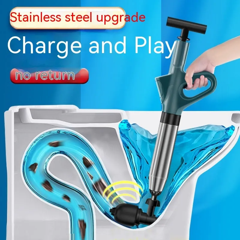 Toilet dredger with stainless steel air cylinder, nylon handle, and plastic attachments for household drains