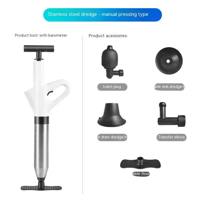 Toilet dredger with stainless steel air cylinder, nylon handle, and plastic attachments for household drains