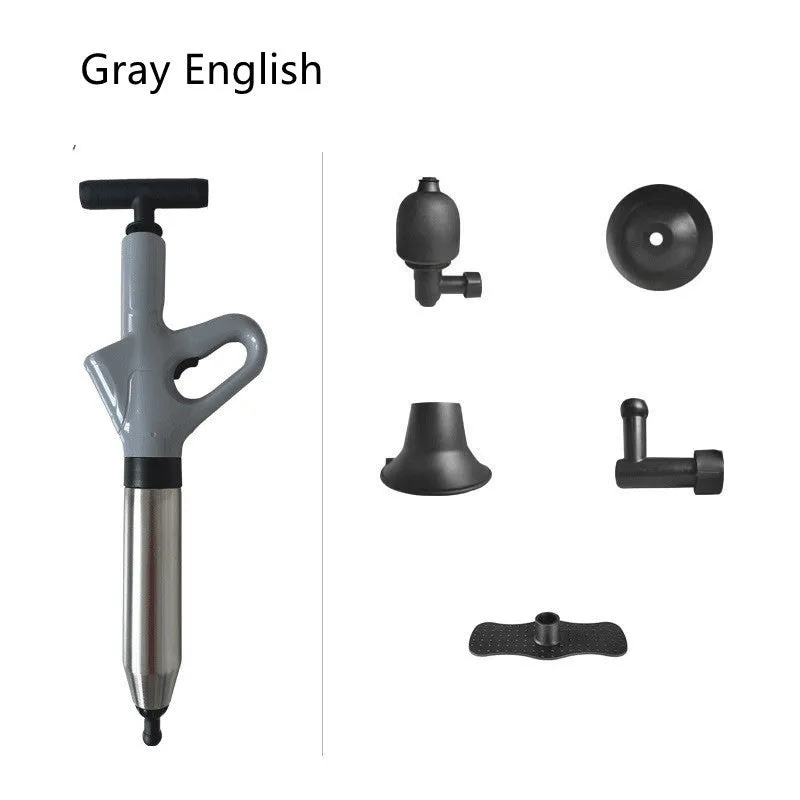 Toilet dredger with stainless steel air cylinder, nylon handle, and plastic attachments for household drains
