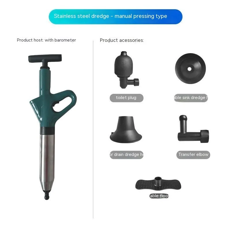 Toilet dredger with stainless steel air cylinder, nylon handle, and plastic attachments for household drains