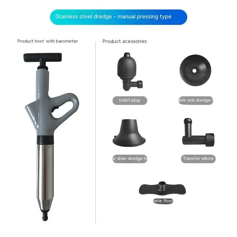 Toilet dredger with stainless steel air cylinder, nylon handle, and plastic attachments for household drains