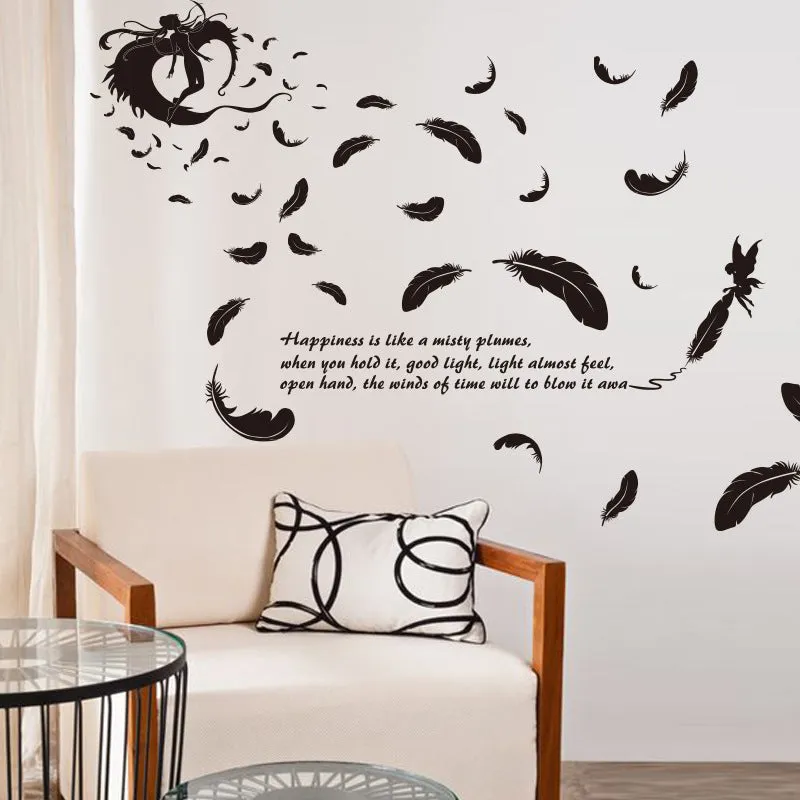 Black feather angel three generations design removable wall sticker measuring 50 by 70 centimetres.