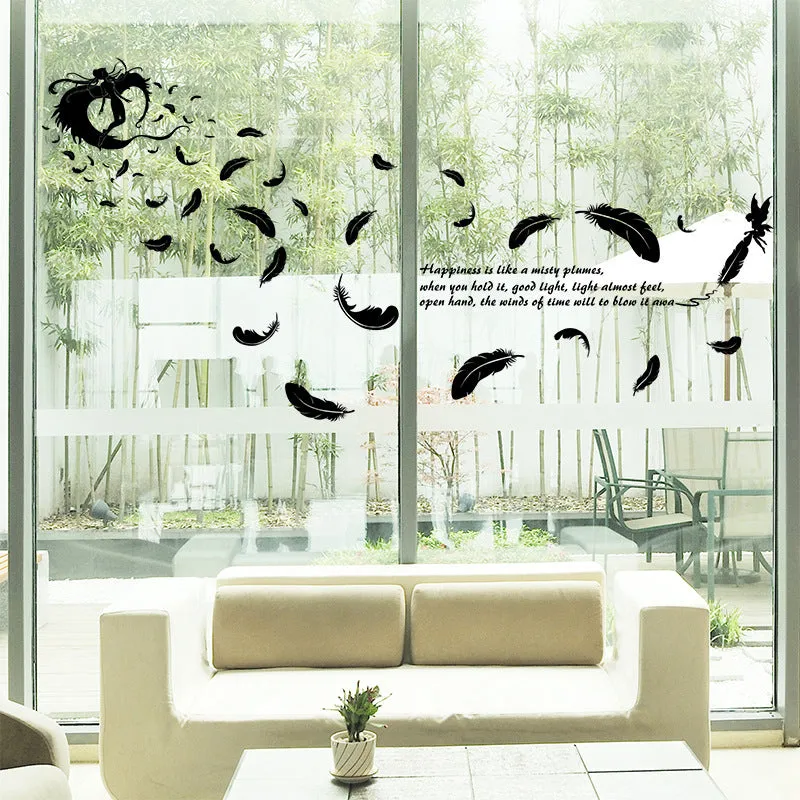 Black feather angel three generations design removable wall sticker measuring 50 by 70 centimetres.