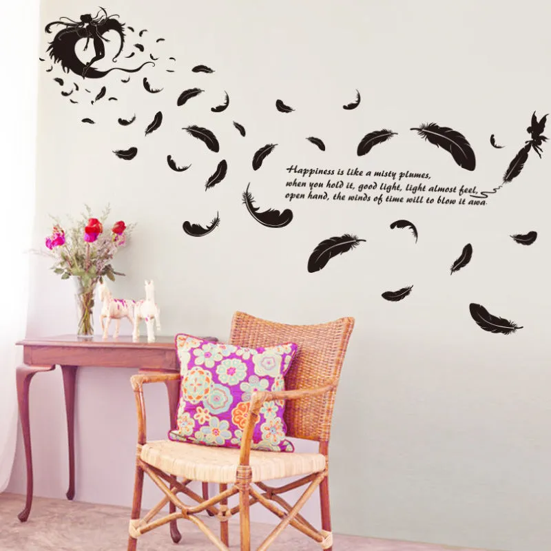 Black feather angel three generations design removable wall sticker measuring 50 by 70 centimetres.