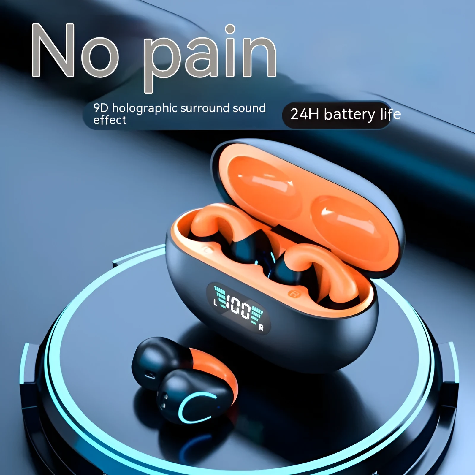 Clip-on wireless non in-ear sports Bluetooth headset in black orange with ear clip design