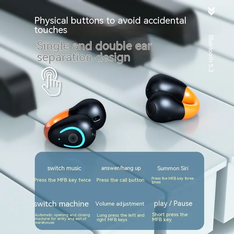 Clip-on wireless non in-ear sports Bluetooth headset in black orange with ear clip design