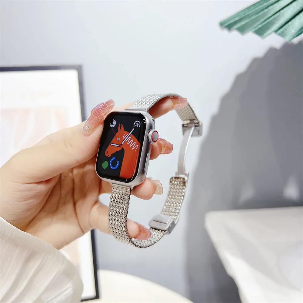 Magnetic buckle stainless steel watch strap for Apple Watch 38/40/41mm and 42/44/45/49mm, available in black silver starlight pink rose gold