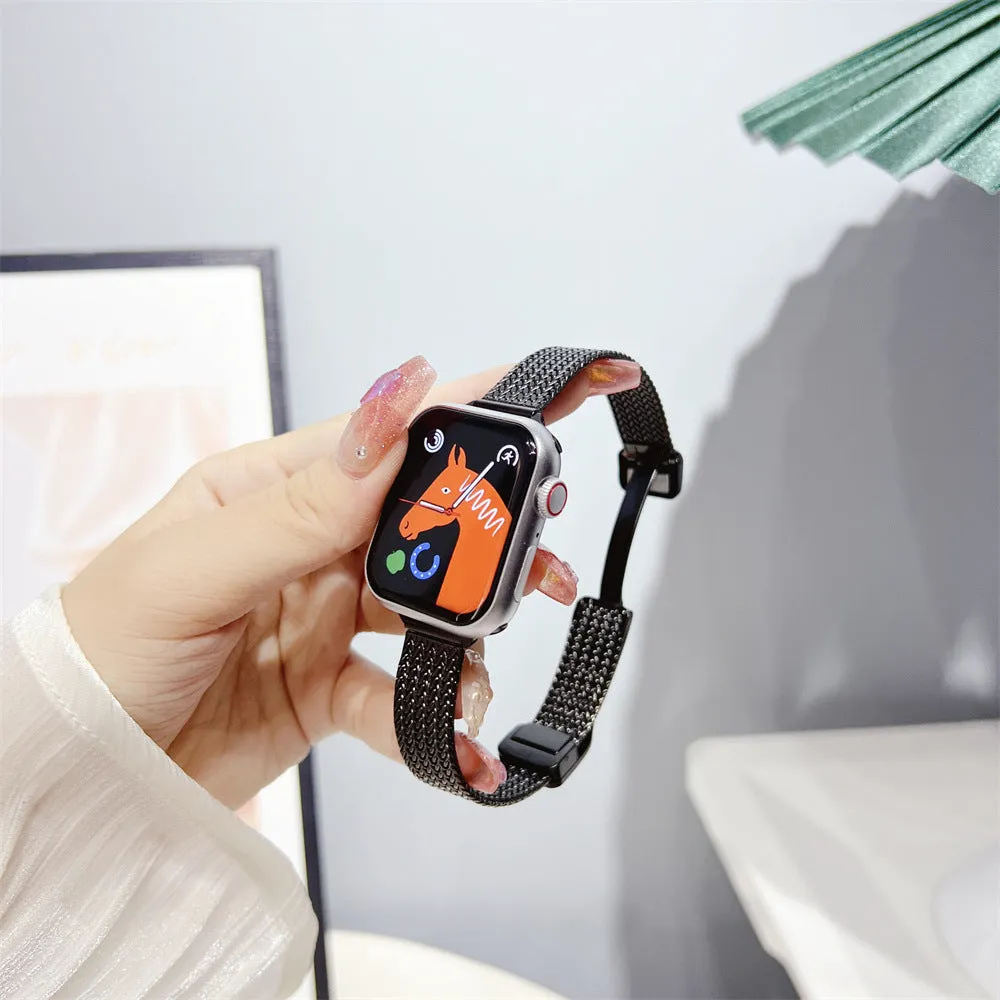 Magnetic buckle stainless steel watch strap for Apple Watch 38/40/41mm and 42/44/45/49mm, available in black silver starlight pink rose gold