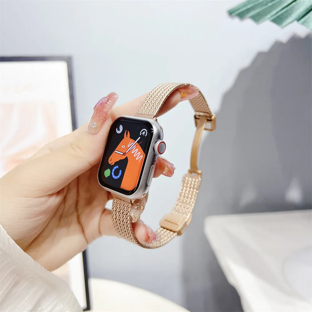 Magnetic buckle stainless steel watch strap for Apple Watch 38/40/41mm and 42/44/45/49mm, available in black silver starlight pink rose gold
