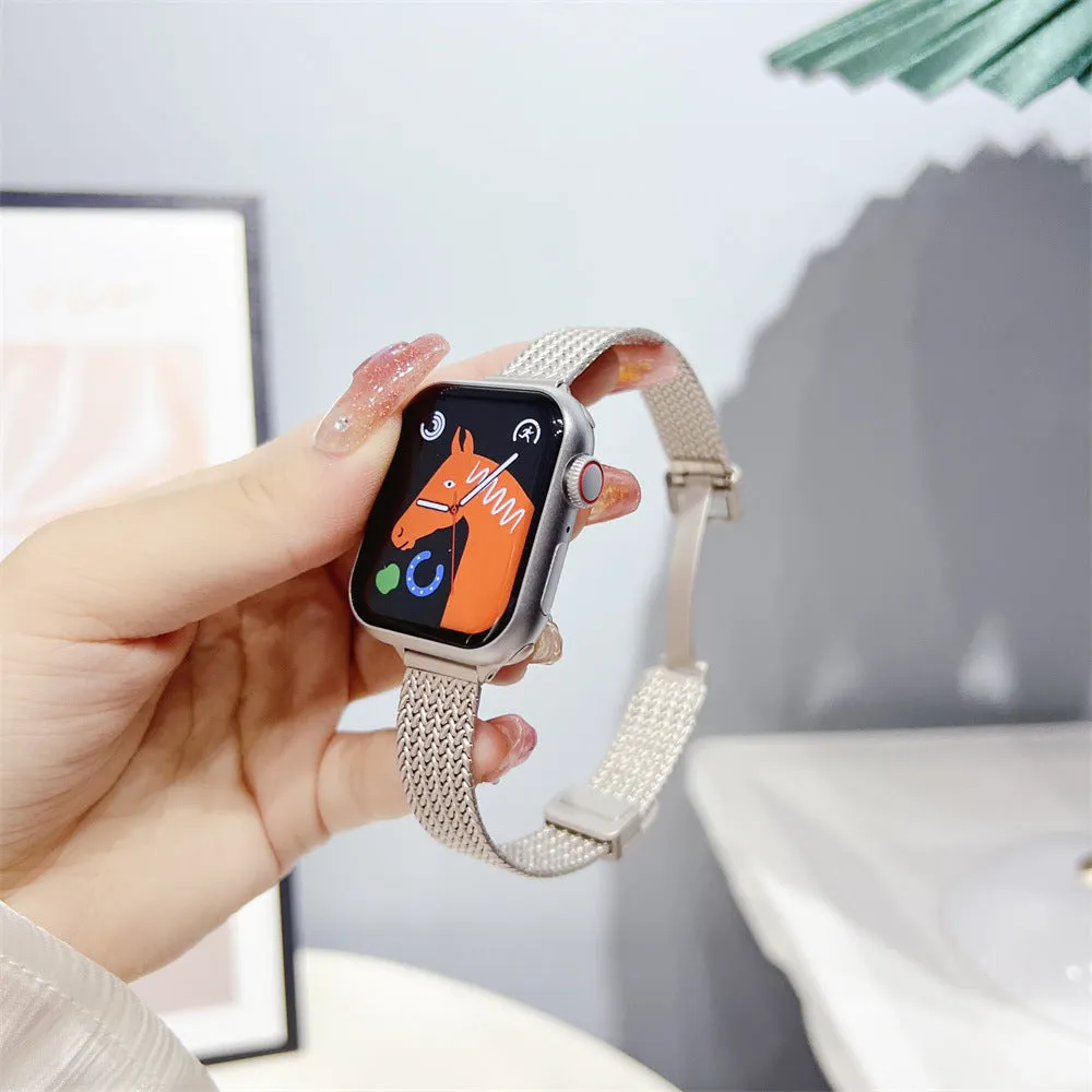 Magnetic buckle stainless steel watch strap for Apple Watch 38/40/41mm and 42/44/45/49mm, available in black silver starlight pink rose gold