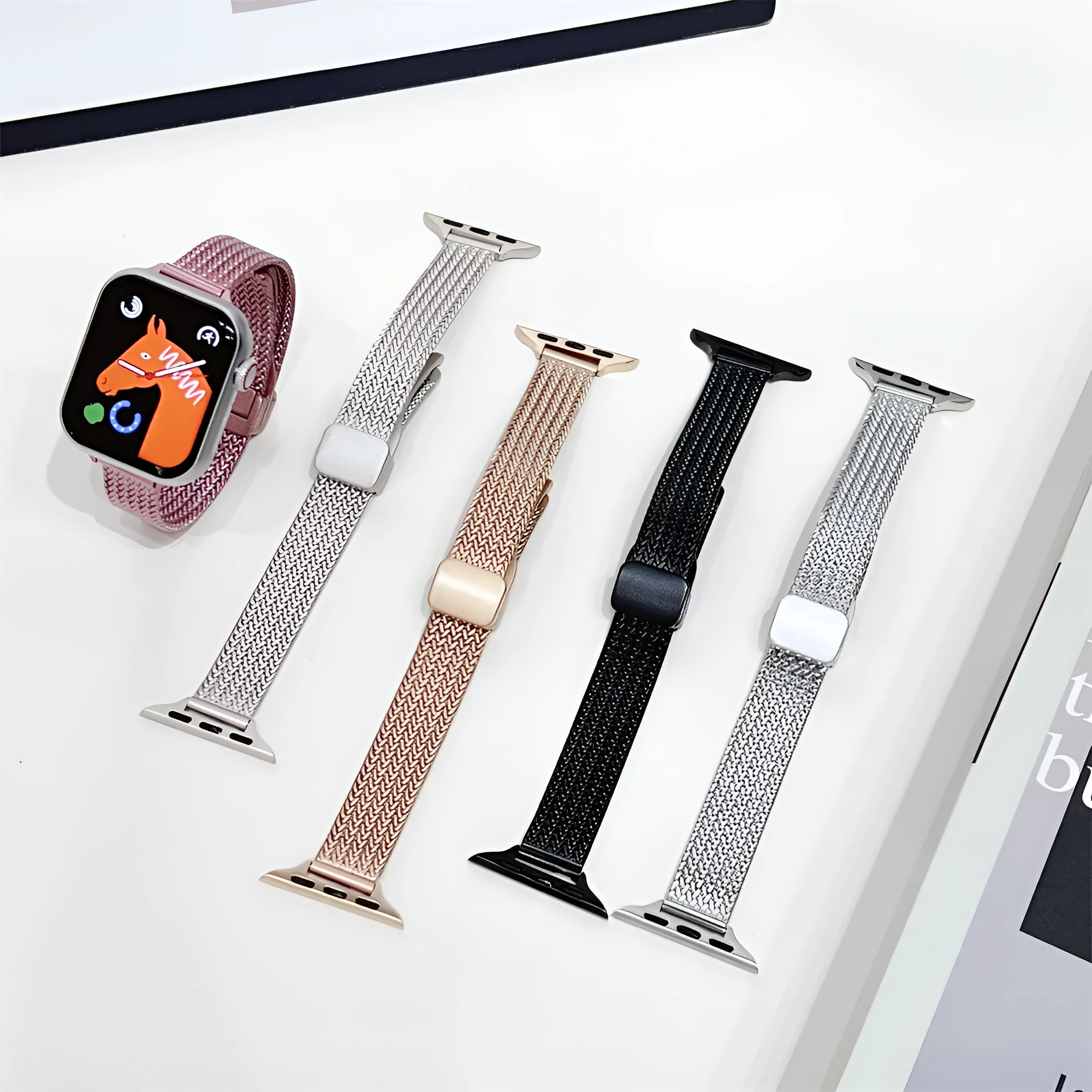Magnetic buckle stainless steel watch strap for Apple Watch 38/40/41mm and 42/44/45/49mm, available in black silver starlight pink rose gold