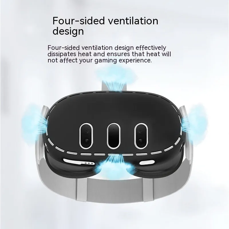 Black silicone protective cover for Oculus Quest 3 VR headset host with clip belt attachment method