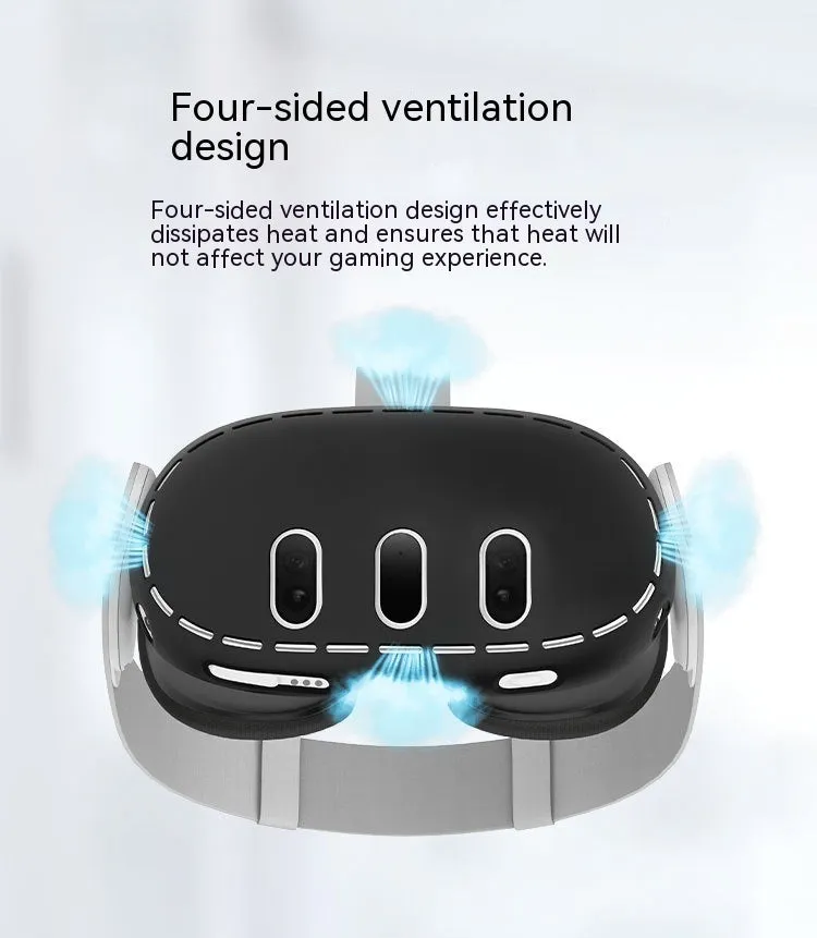 Black silicone protective cover for Oculus Quest 3 VR headset host with clip belt attachment method