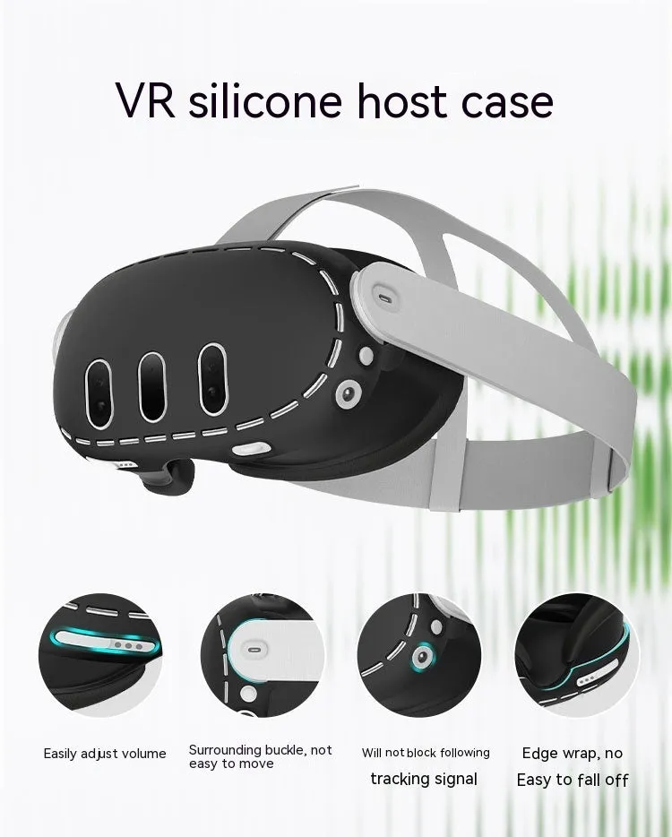 Black silicone protective cover for Oculus Quest 3 VR headset host with clip belt attachment method
