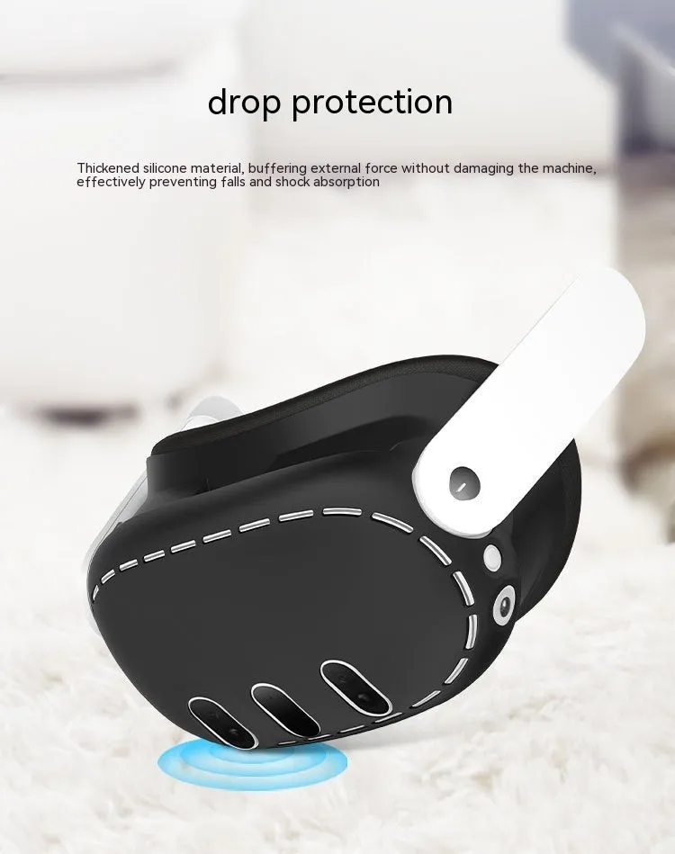 Black silicone protective cover for Oculus Quest 3 VR headset host with clip belt attachment method