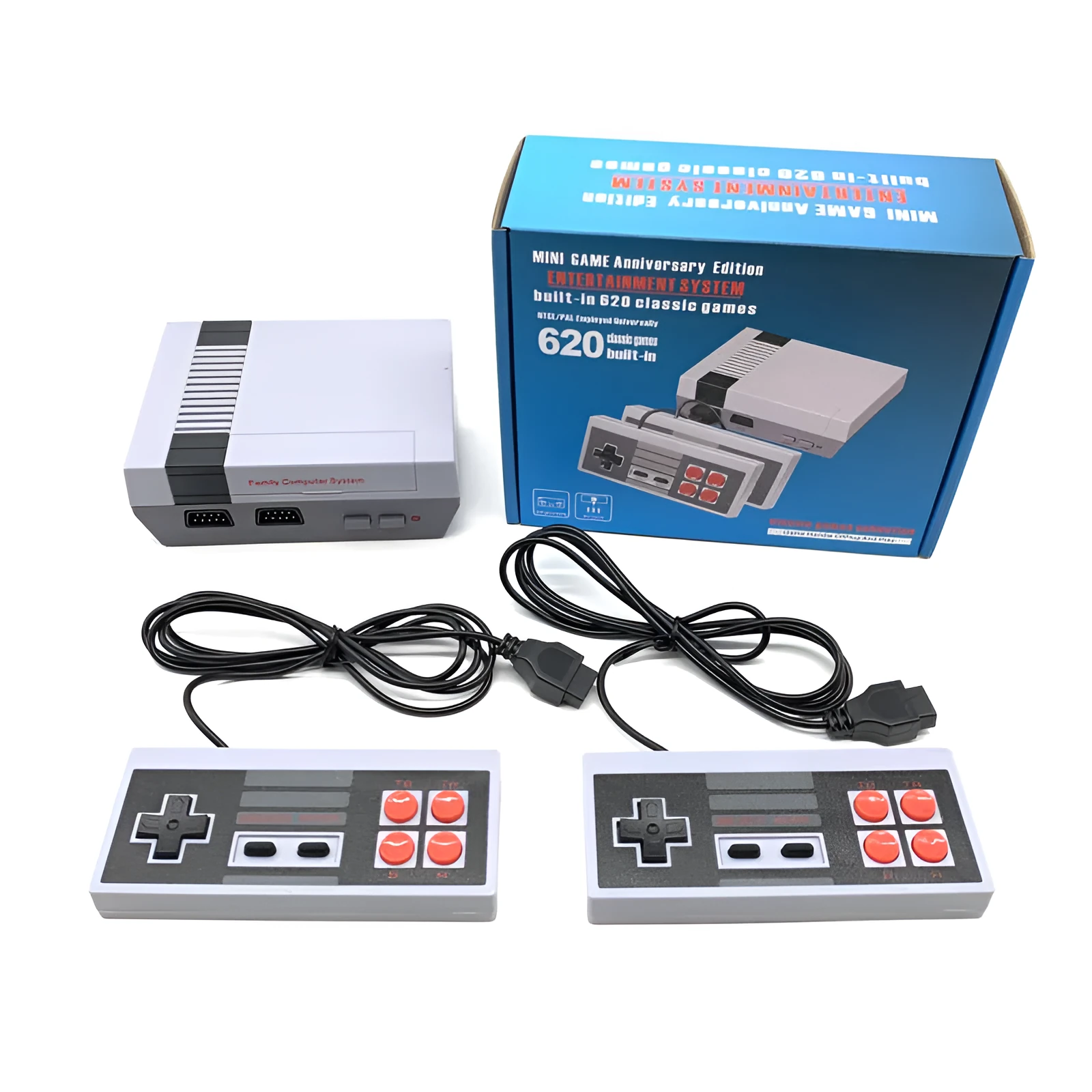 Retro grey and red 8-bit NES game console with two classic controllers on a table.