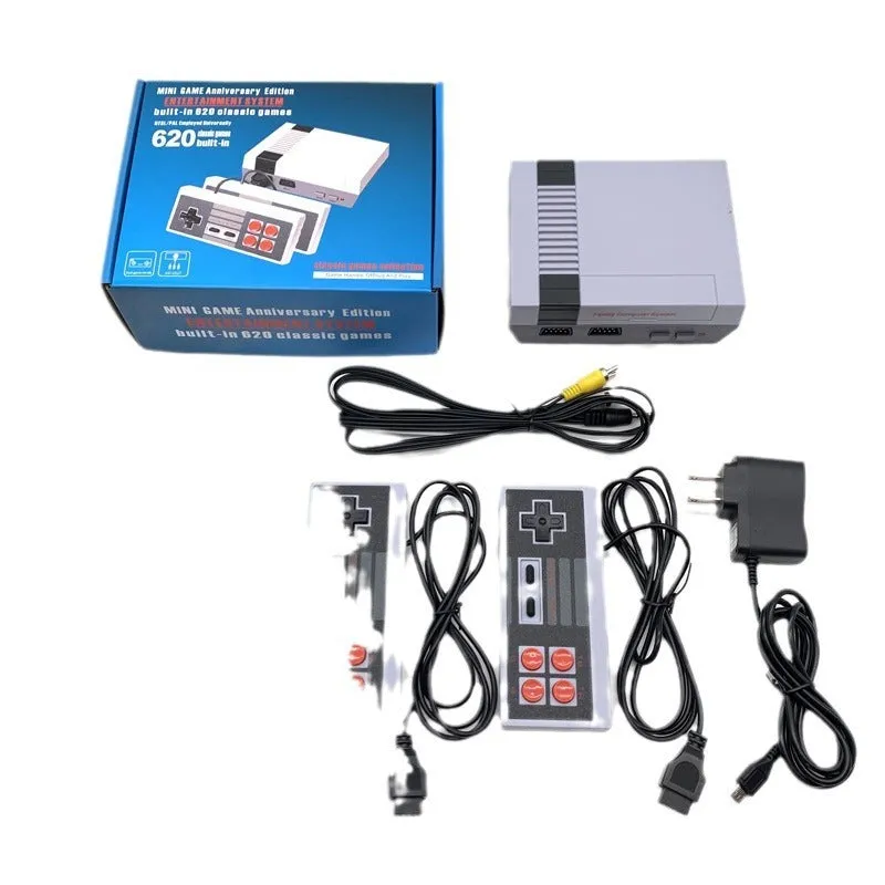 Retro grey and red 8-bit NES game console with two classic controllers on a table.