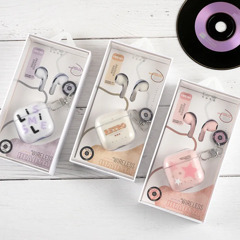TWS-103 binaural in-ear earphones in white, pink, and purple with PC ABS build
