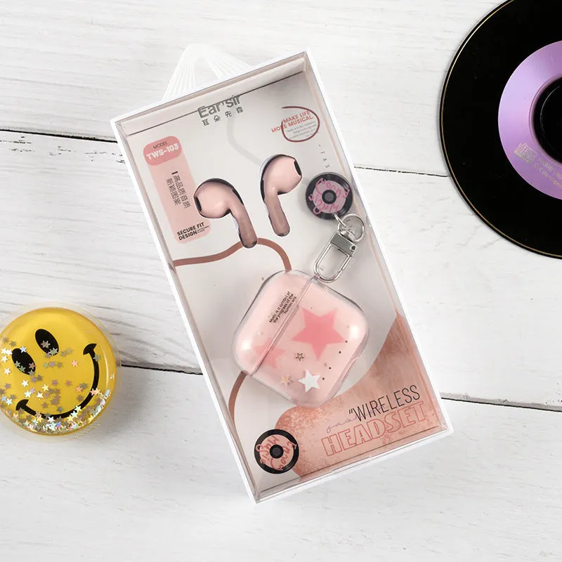 TWS-103 binaural in-ear earphones in white, pink, and purple with PC ABS build
