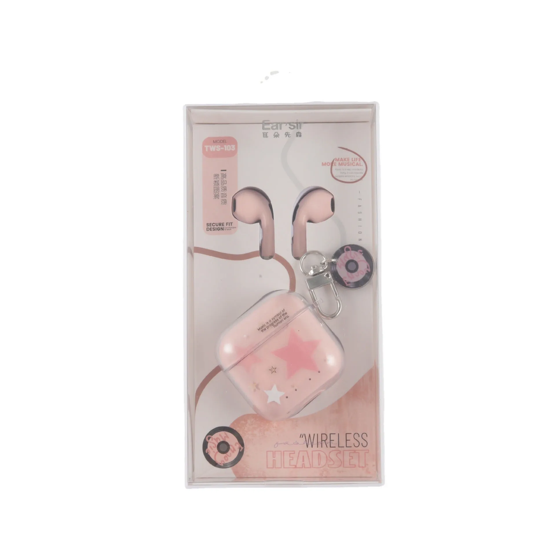 TWS-103 binaural in-ear earphones in white, pink, and purple with PC ABS build