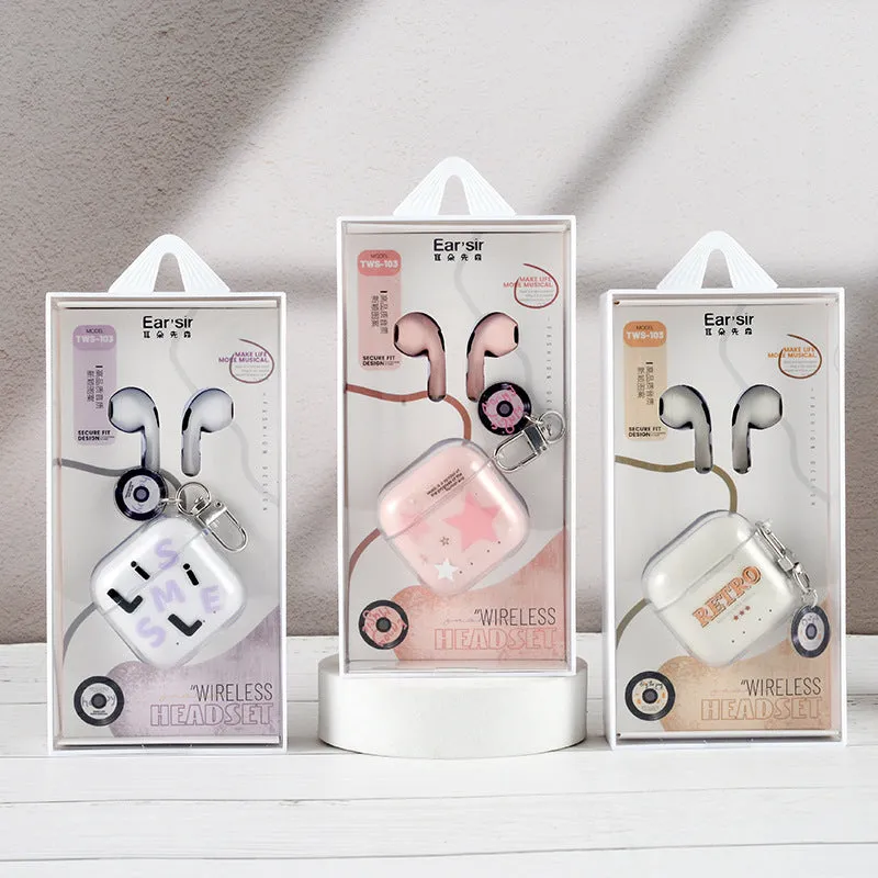 TWS-103 binaural in-ear earphones in white, pink, and purple with PC ABS build