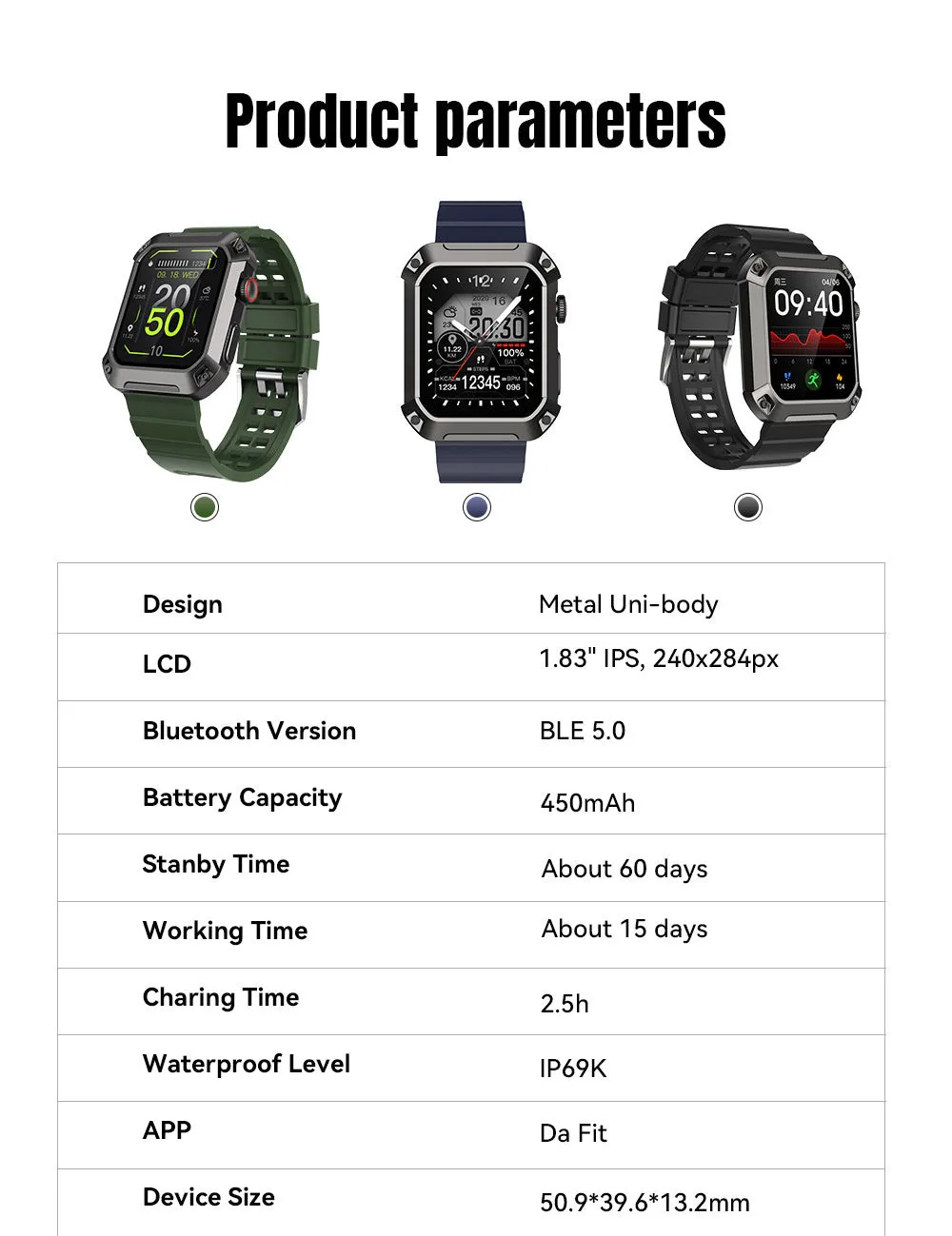 Smart watch with heart rate and blood pressure monitoring, 1.83-inch IPS screen, three-proof design, available in black blue and green