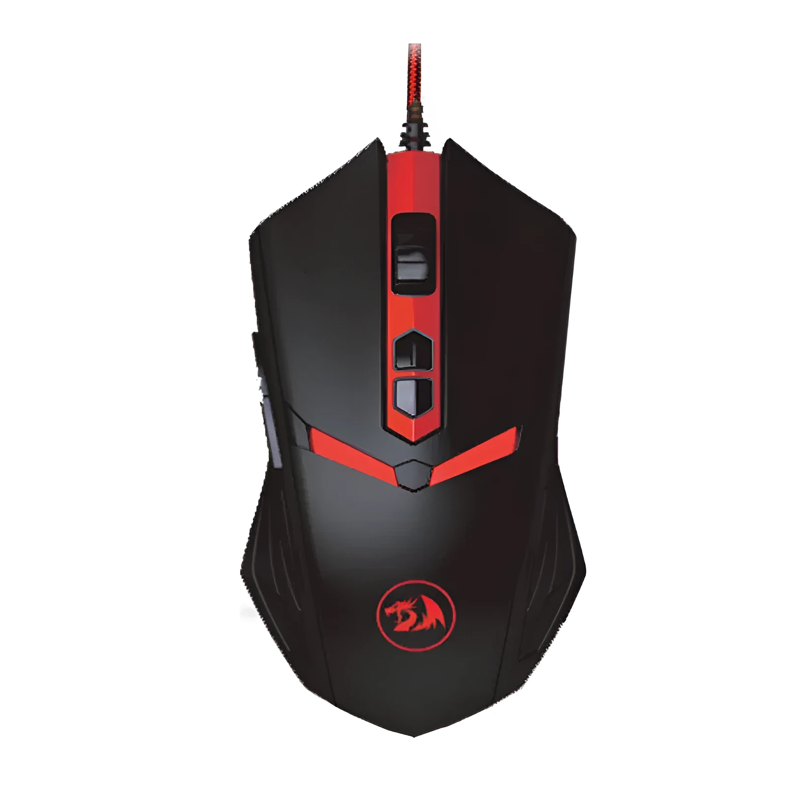 Black and red USB wired optical gaming mouse with six buttons on a desktop mat.