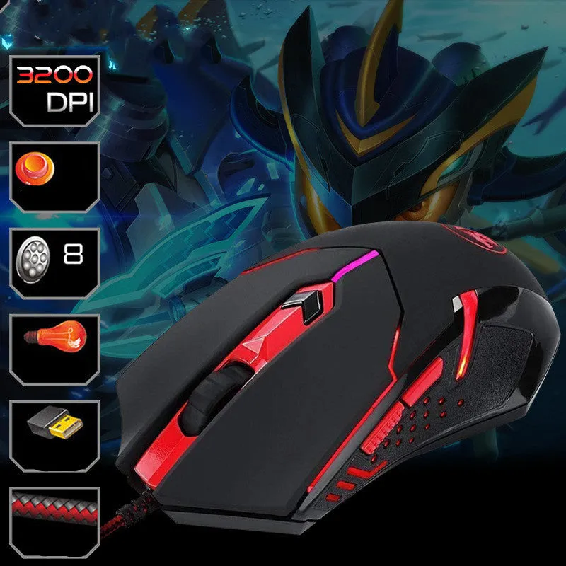 Black and red USB wired optical gaming mouse with six buttons on a desktop mat.