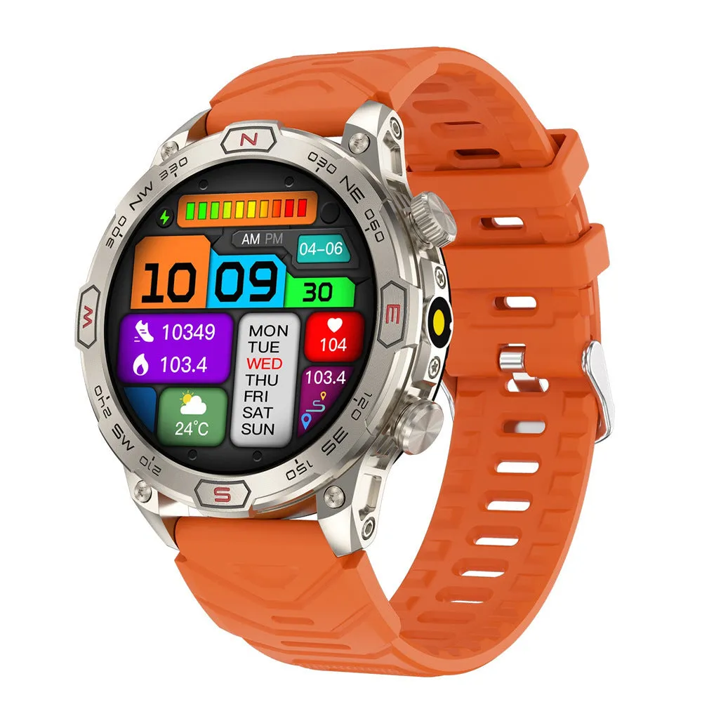 Sports smart watch with AMOLED screen on a black silicone strap, showing fitness data.