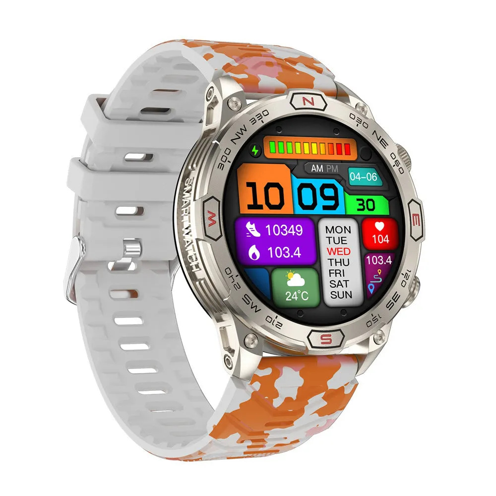 Sports smart watch with AMOLED screen on a black silicone strap, showing fitness data.