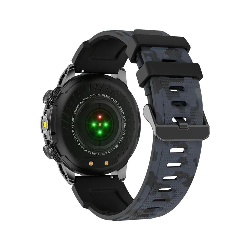 Sports smart watch with AMOLED screen on a black silicone strap, showing fitness data.