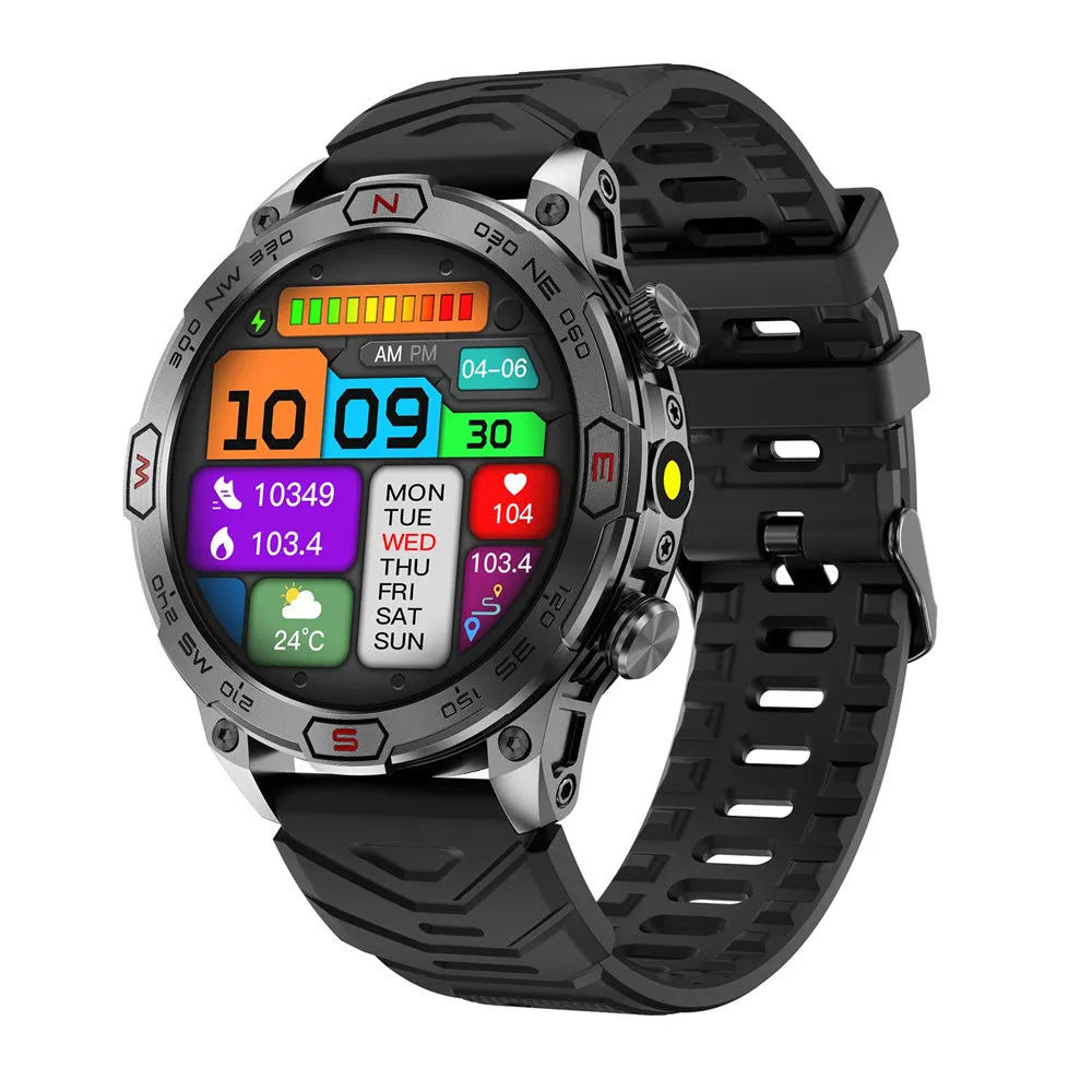 Sports smart watch with AMOLED screen on a black silicone strap, showing fitness data.