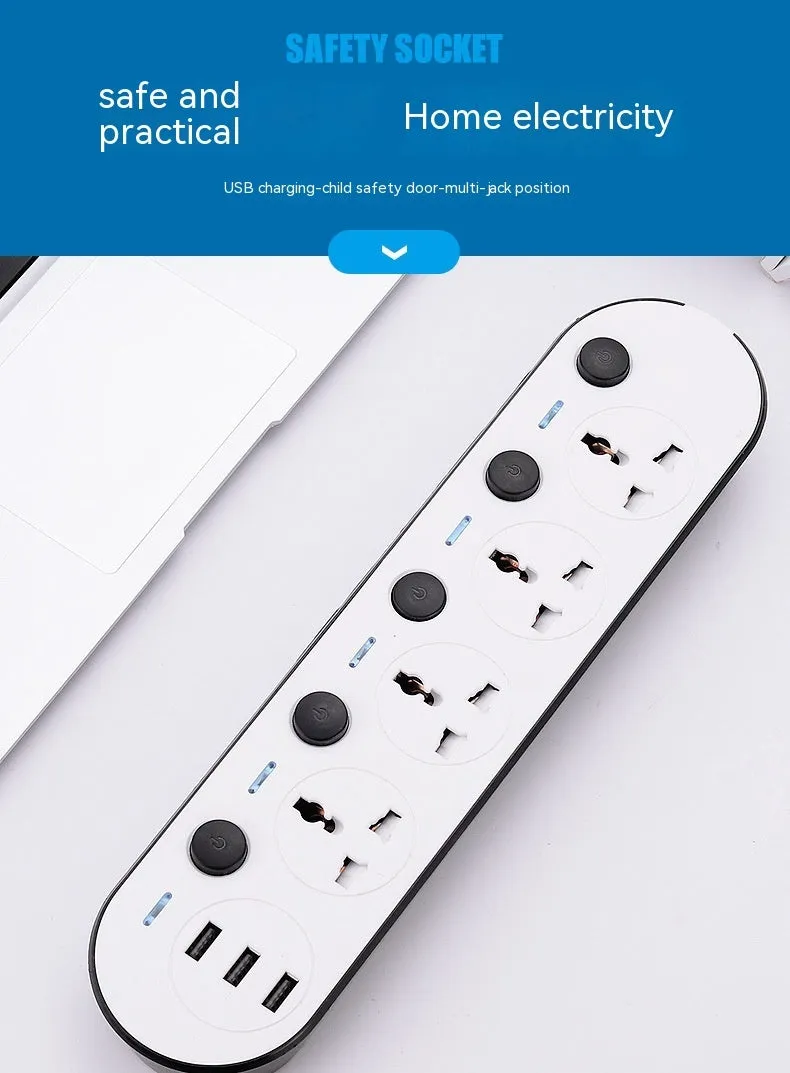 Multi-switch international power strip with UK, US, and EU plug options and USB charging ports.