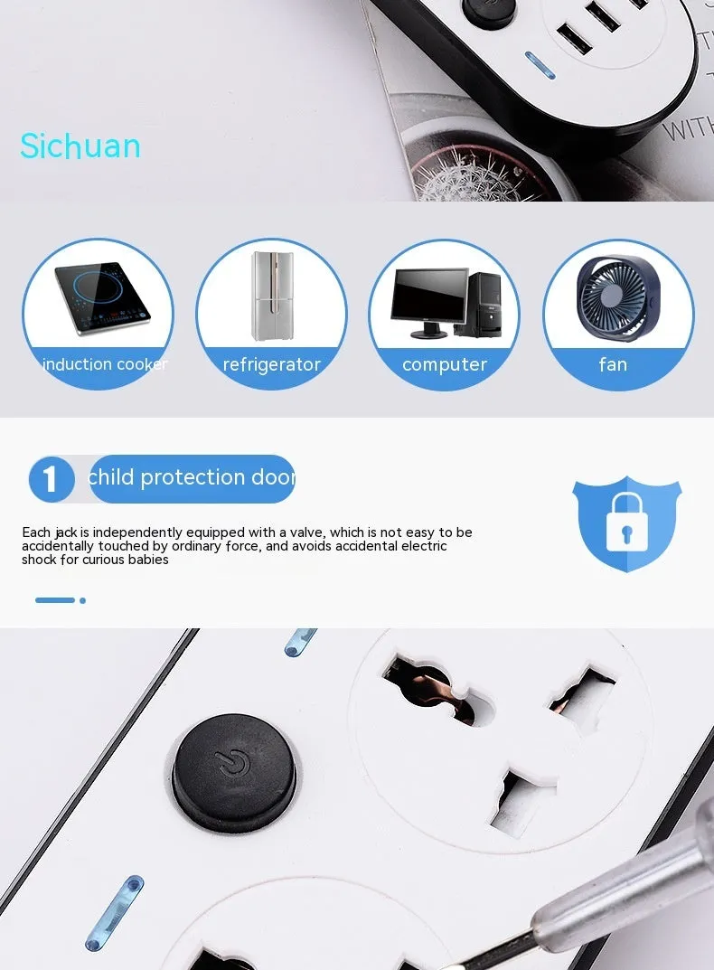 Multi-switch international power strip with UK, US, and EU plug options and USB charging ports.
