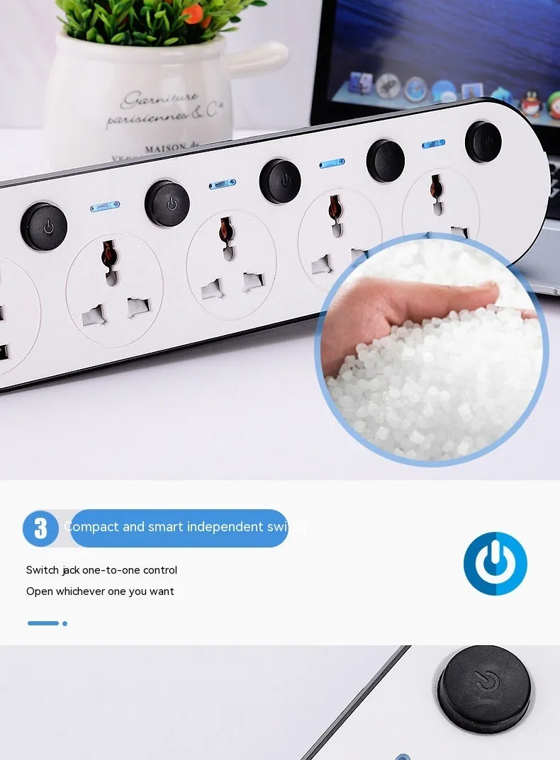 Multi-switch international power strip with UK, US, and EU plug options and USB charging ports.