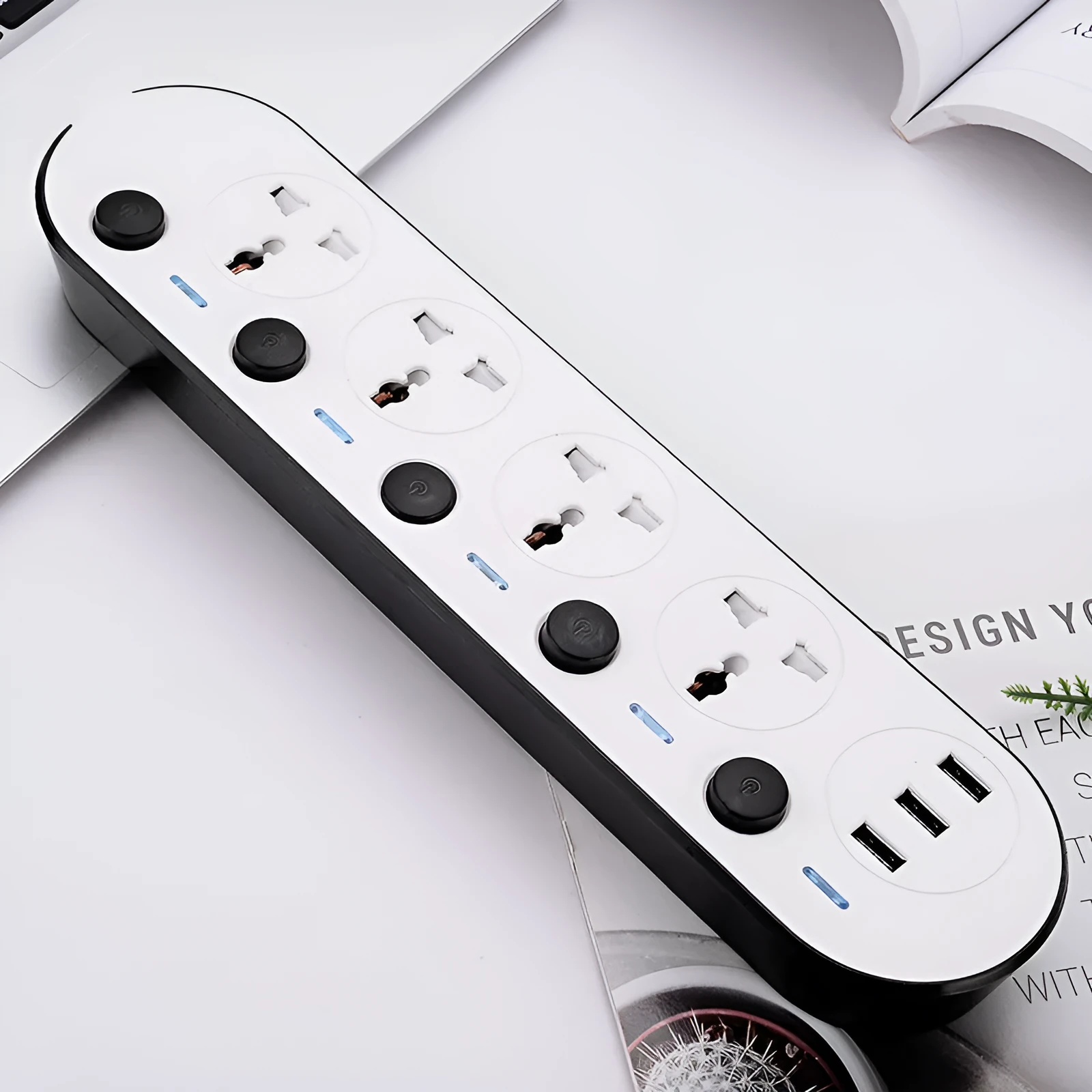 Multi-switch international power strip with UK, US, and EU plug options and USB charging ports.