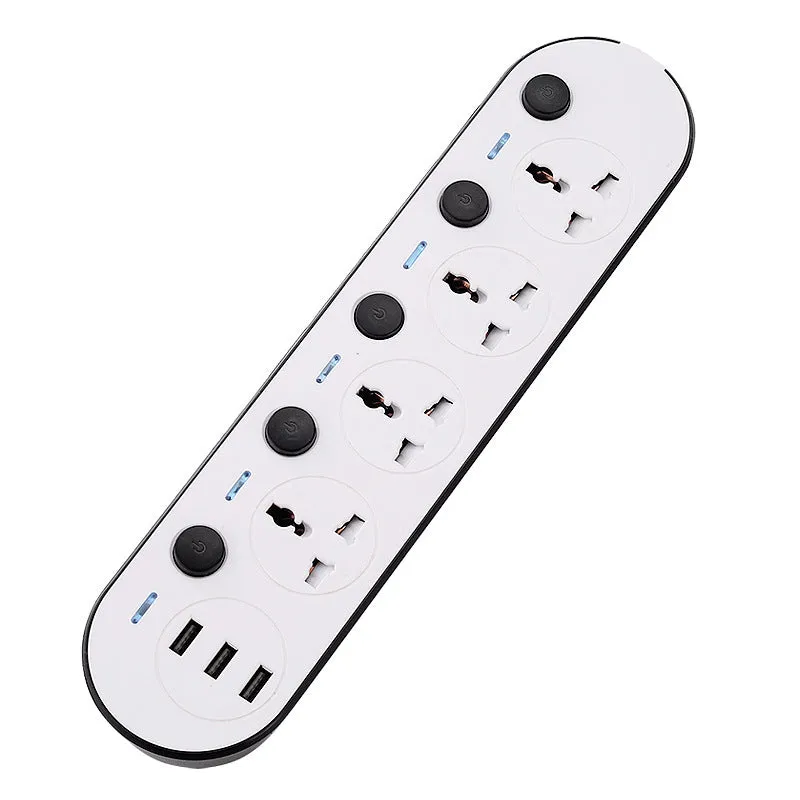 Multi-switch international power strip with UK, US, and EU plug options and USB charging ports.