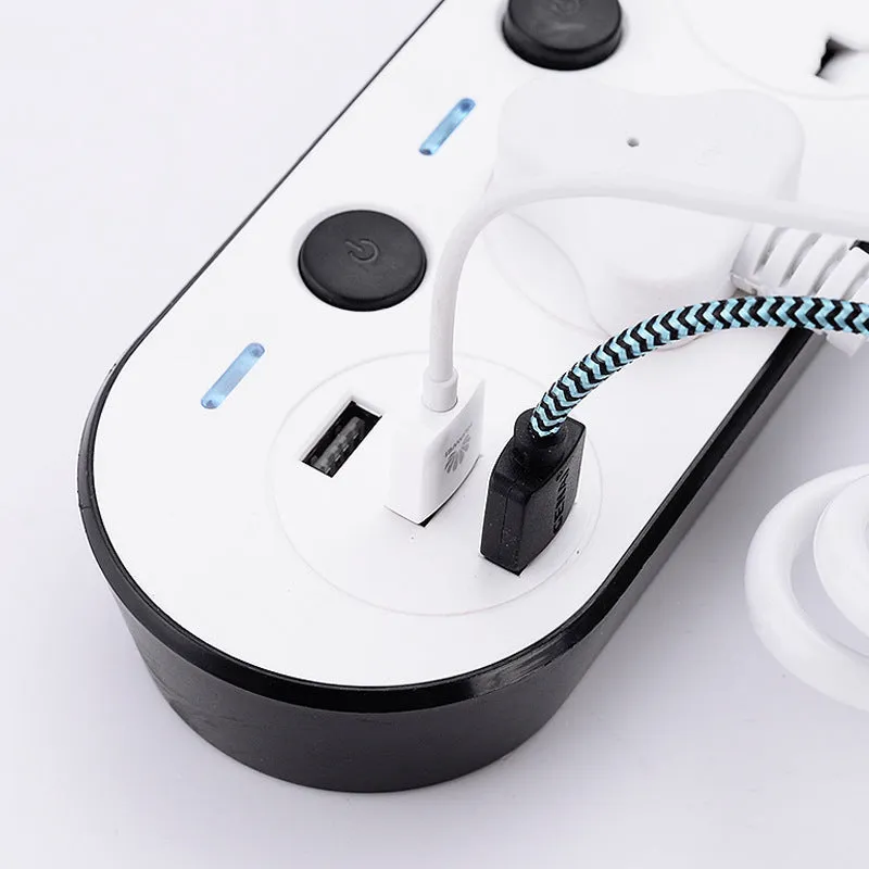 Multi-switch international power strip with UK, US, and EU plug options and USB charging ports.