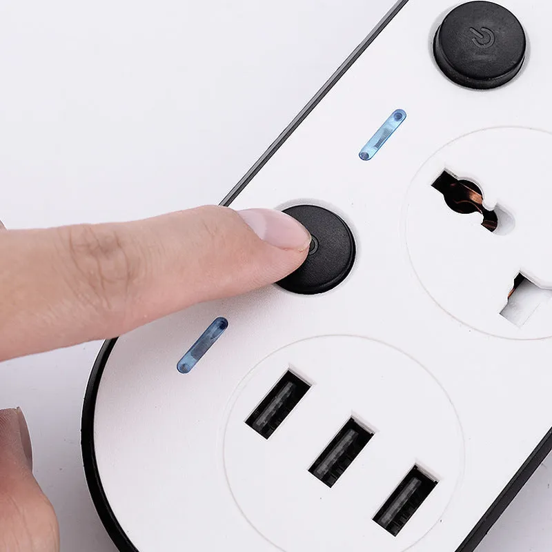 Multi-switch international power strip with UK, US, and EU plug options and USB charging ports.