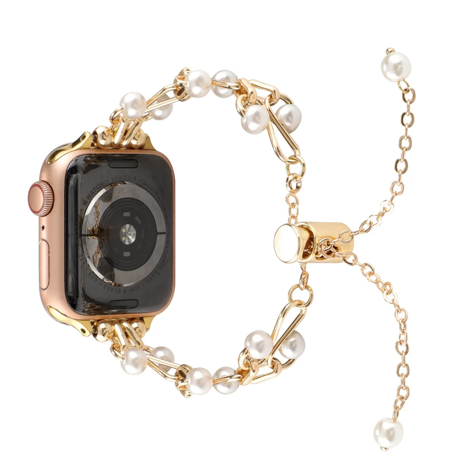 Apple smart watch strap with pearl love necklace design on metal band, 38-49mm fit