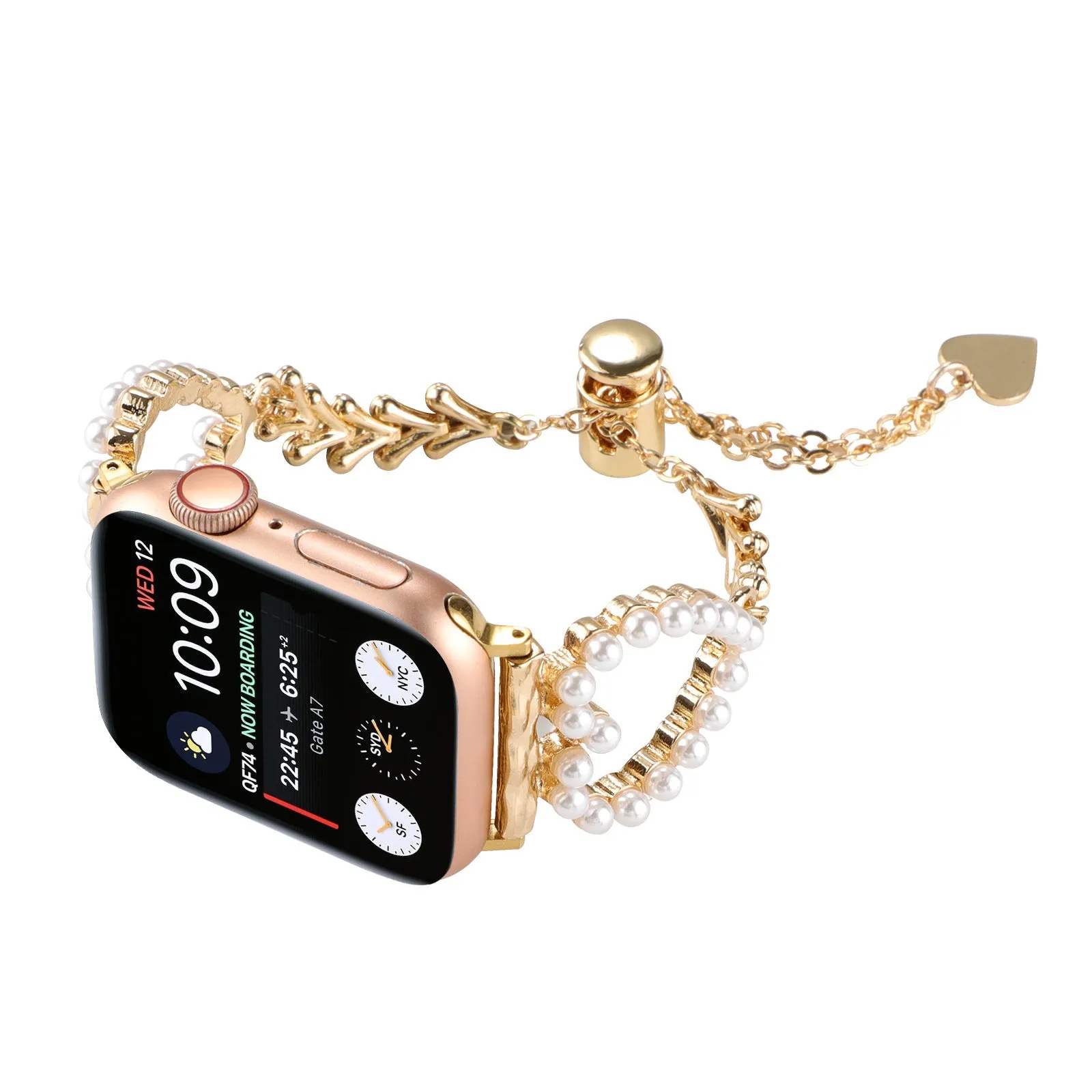 Apple smart watch strap with pearl love necklace design on metal band, 38-49mm fit