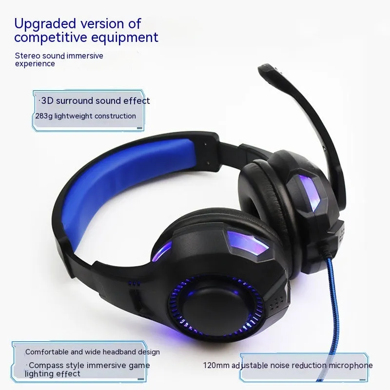 Light-emitting head-mounted gaming headset with black and red tanned leather earmuffs, braided cable, and 3.5mm plug for PS5 PS4 PC