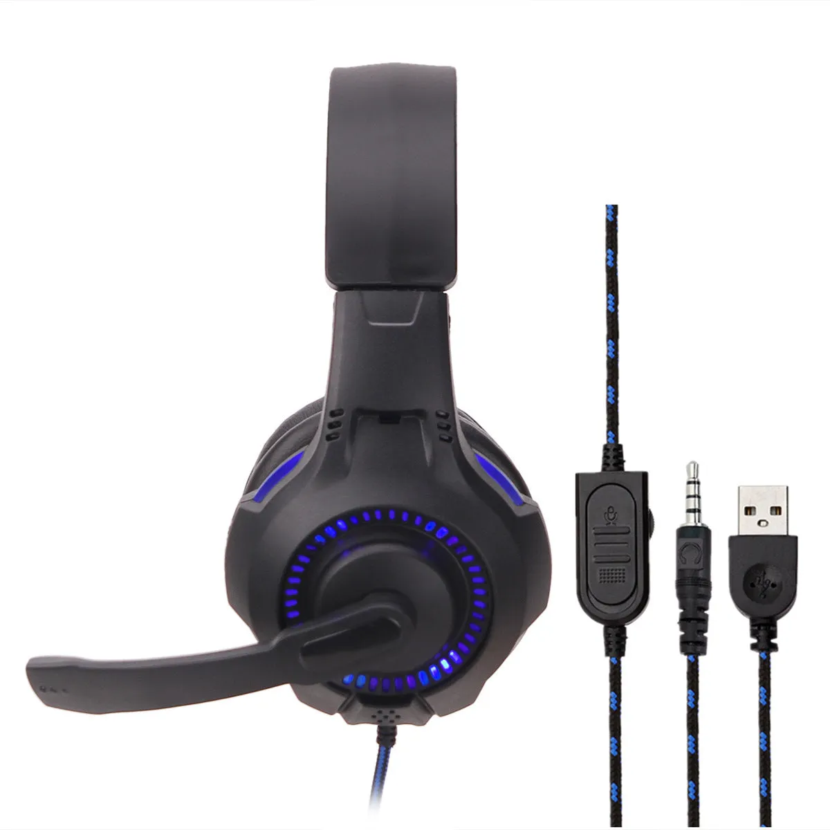 Light-emitting head-mounted gaming headset with black and red tanned leather earmuffs, braided cable, and 3.5mm plug for PS5 PS4 PC