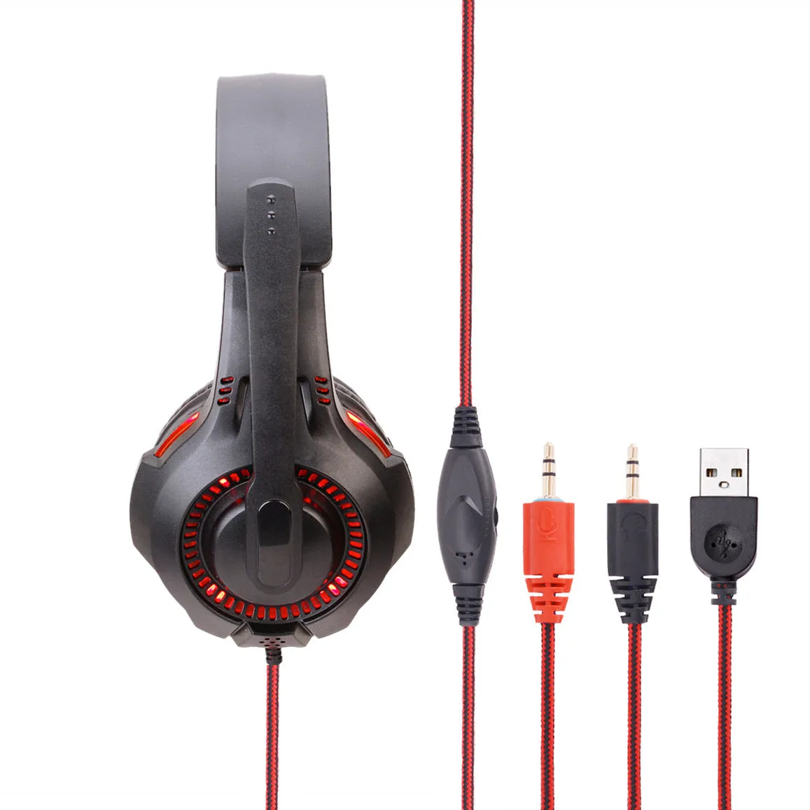Light-emitting head-mounted gaming headset with black and red tanned leather earmuffs, braided cable, and 3.5mm plug for PS5 PS4 PC