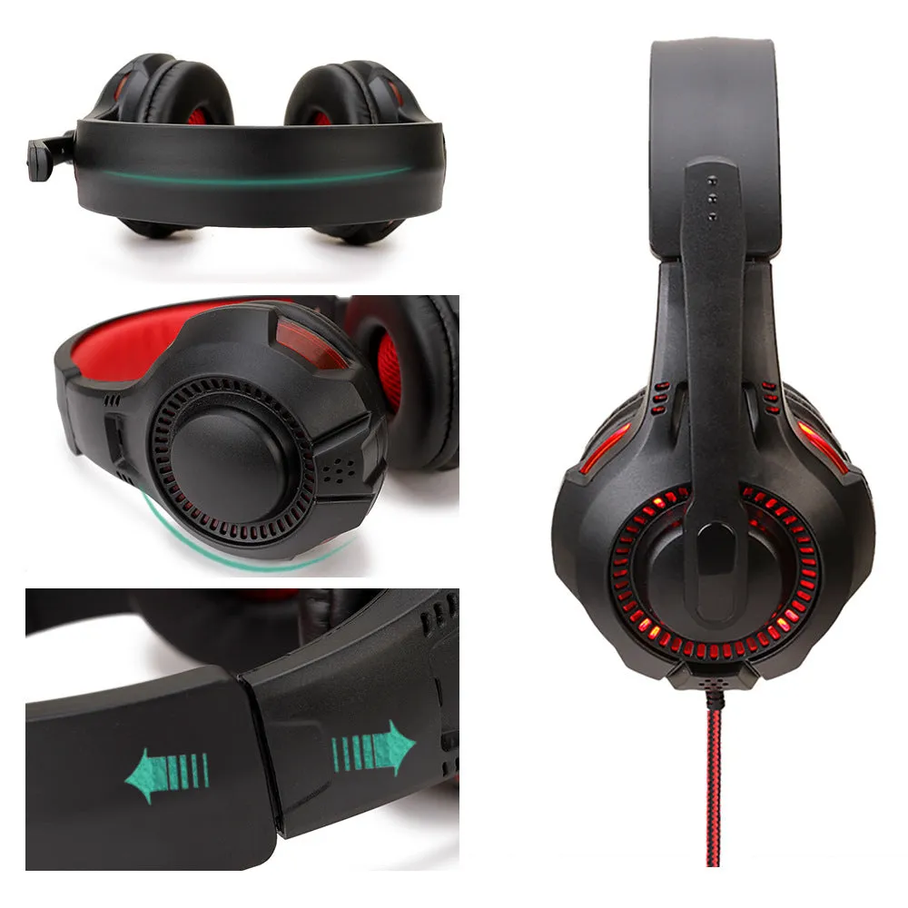 Light-emitting head-mounted gaming headset with black and red tanned leather earmuffs, braided cable, and 3.5mm plug for PS5 PS4 PC