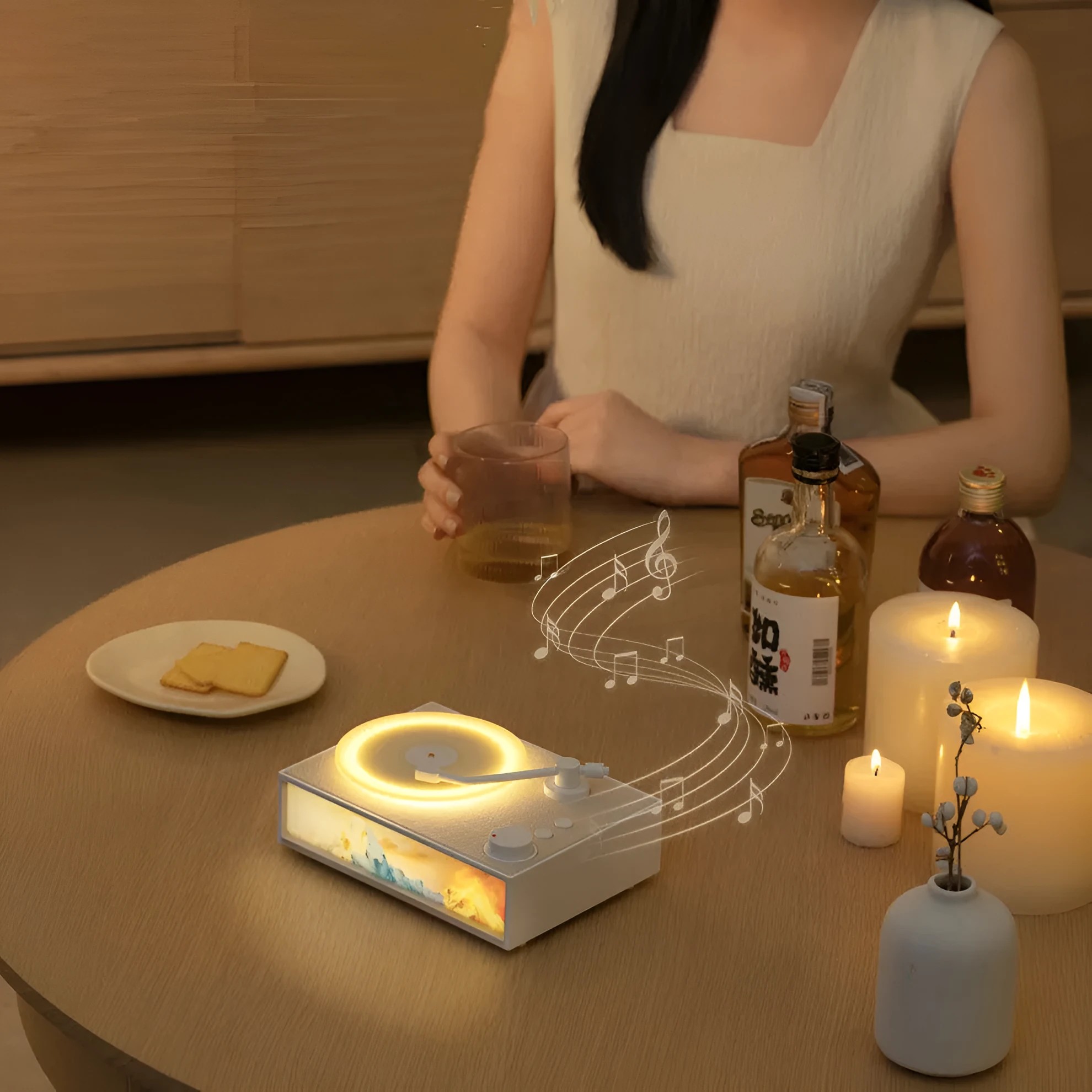 Light Painting Aromatherapy Bluetooth Speaker in elegant white with plastic casing and lighting effects on desktop