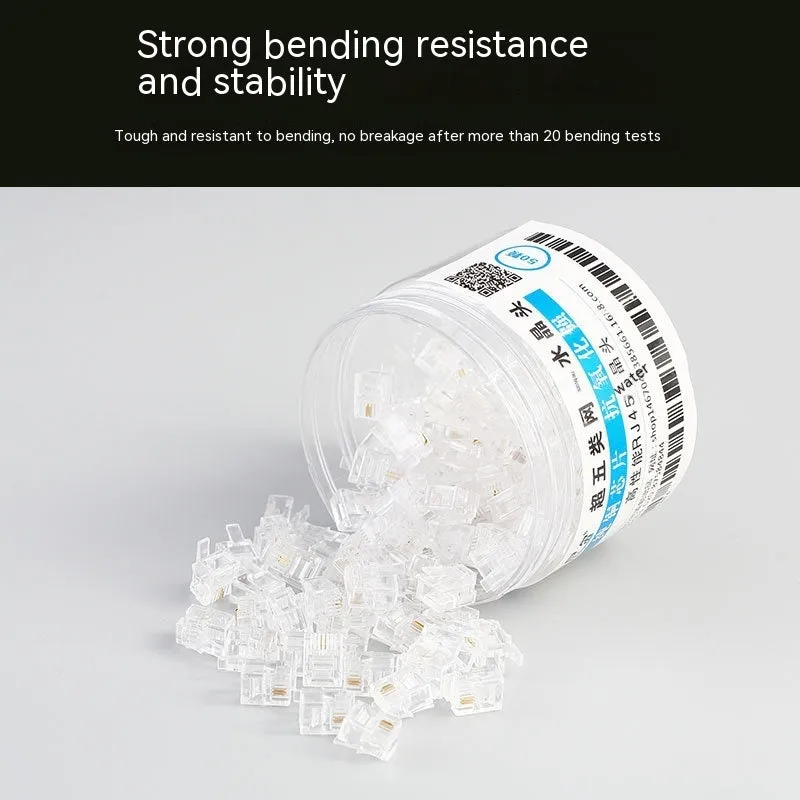 White Cat6 RJ45 crystal plugs in a metal can, 100 pieces, with gold-plated contacts