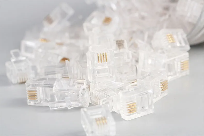 White Cat6 RJ45 crystal plugs in a metal can, 100 pieces, with gold-plated contacts