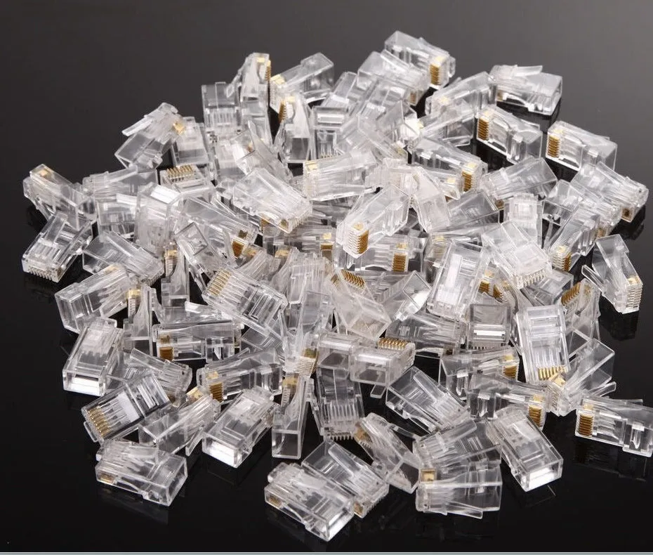 White Cat6 RJ45 crystal plugs in a metal can, 100 pieces, with gold-plated contacts